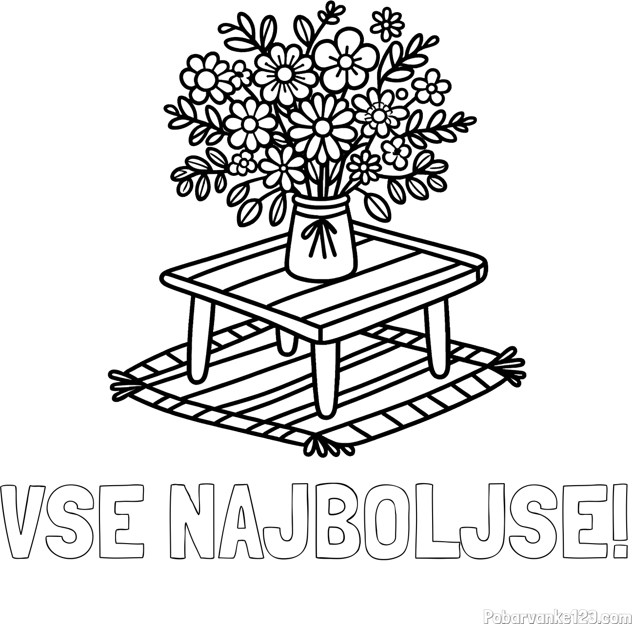 Pobarvanka imena VSE NAJBOLJŠE! in pobarvanka šopka rož na mizi