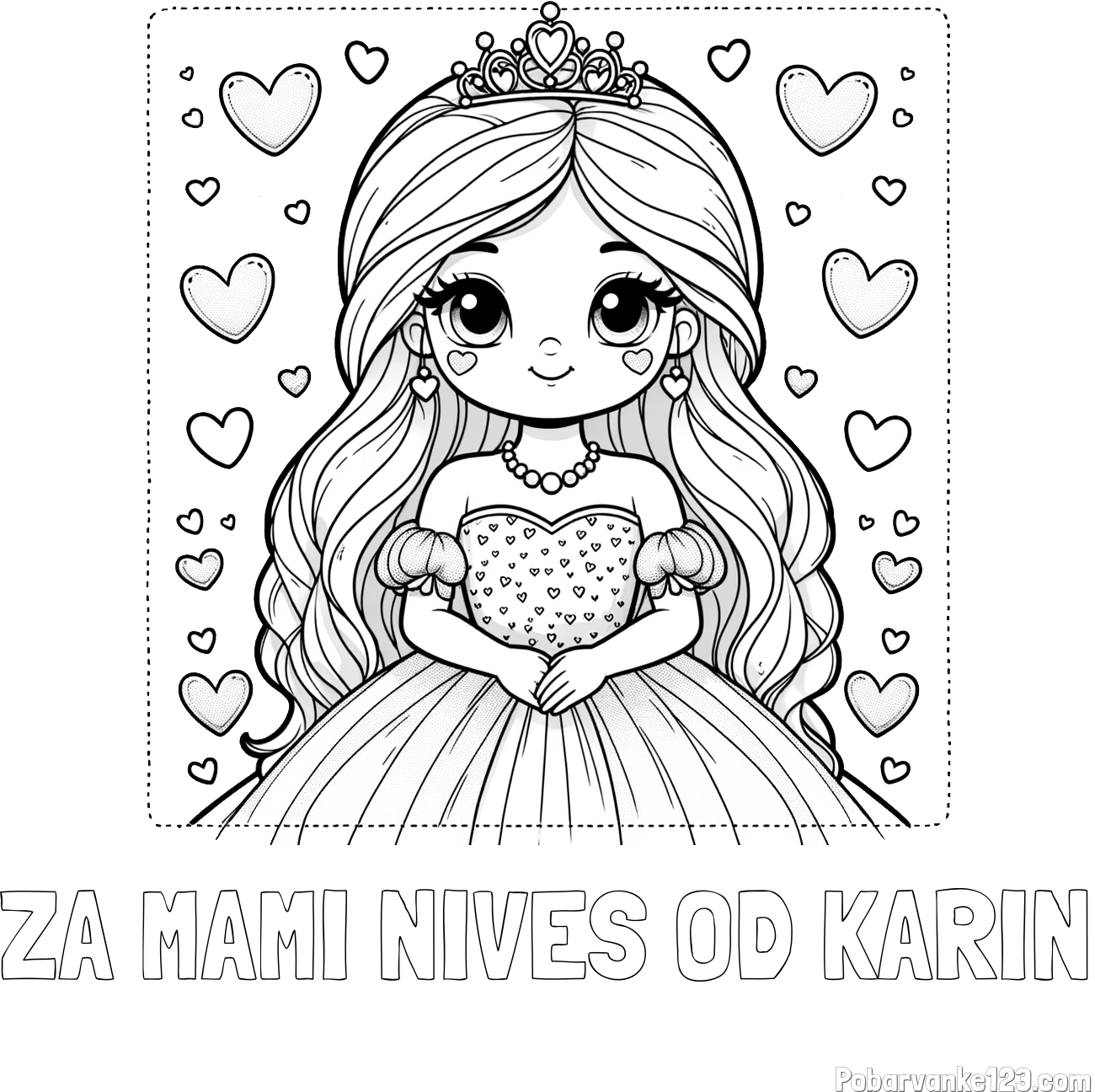Pobarvanka imena ZA MAMI NIVES OD KARIN in pobarvanka ljubke princese obdane s srčki