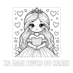 Online izdelana pobarvanka - Pobarvanka imena ZA MAMI NIVES OD KARIN in pobarvanka ljubke princese obdane s srčki