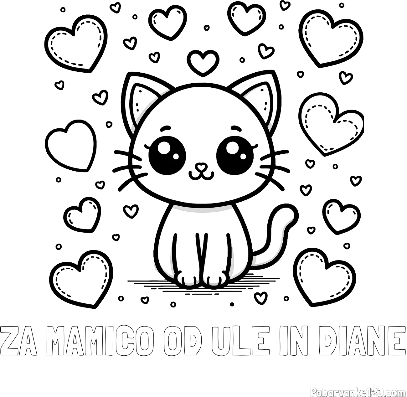 Pobarvanka imena ZA MAMICO OD ULE IN DIANE in pobarvanka ljubke mucke obdane z veliko srčki