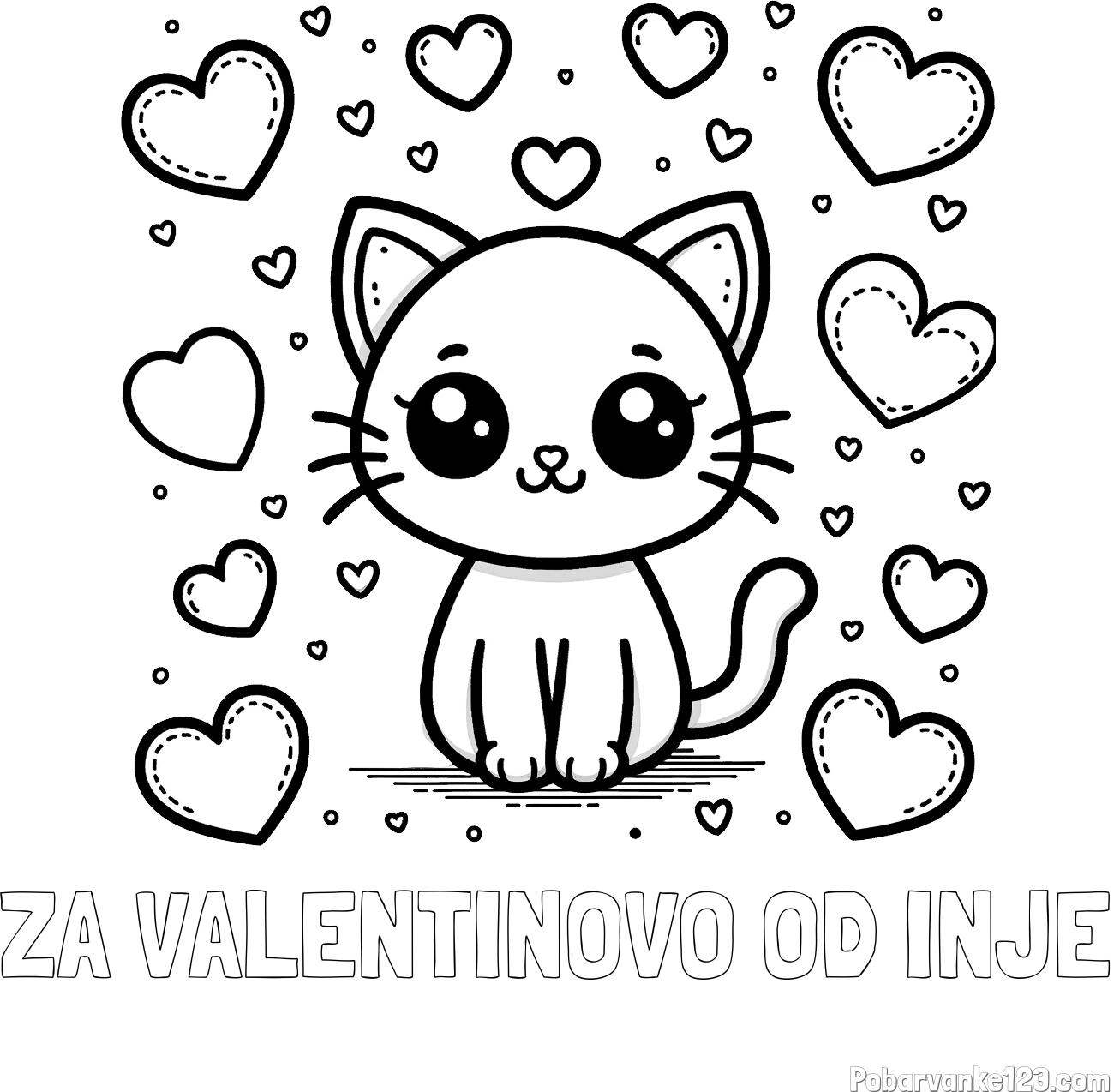 Pobarvanka imena ZA VALENTINOVO OD INJE in pobarvanka ljubke mucke obdane z veliko srčki