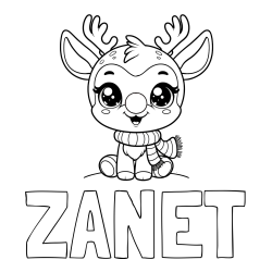 Online izdelana pobarvanka - Pobarvanka imena ŽANET in otroška pobarvanka jelenčka Rudolfa s šalom okoli vratu