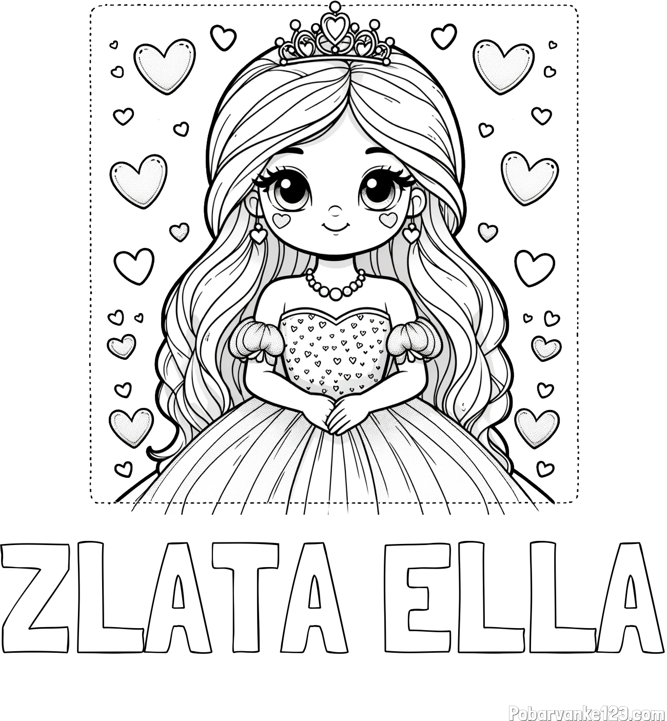 Pobarvanka imena ZLATA ELLA in pobarvanka ljubke princese obdane s srčki