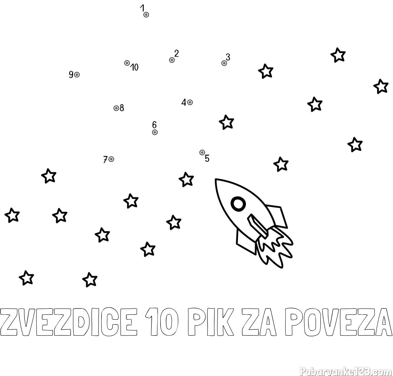 Pobarvanka imena ZVEZDICE 10 PIK ZA POVEZA in pobarvanka poveži številke - vesoljska tematika