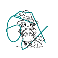 Pobarvana pobarvanka - Čudovita pobarvanka ljubke čarovnice in nasmejane mačke