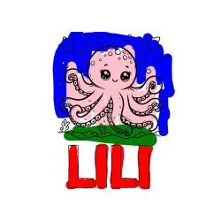 Pobarvana pobarvanka - Pobarvanka imena LILI in pobarvanka hobotnice v morju obdane z morskimi zvezdami