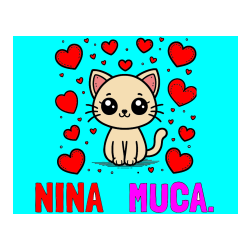 Pobarvana pobarvanka - Pobarvanka imena NINA   MUCA. in pobarvanka ljubke mucke obdane z veliko srčki