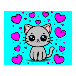 Pobarvana pobarvanka - Pobarvanka ljubke mucke obdane z veliko srčki