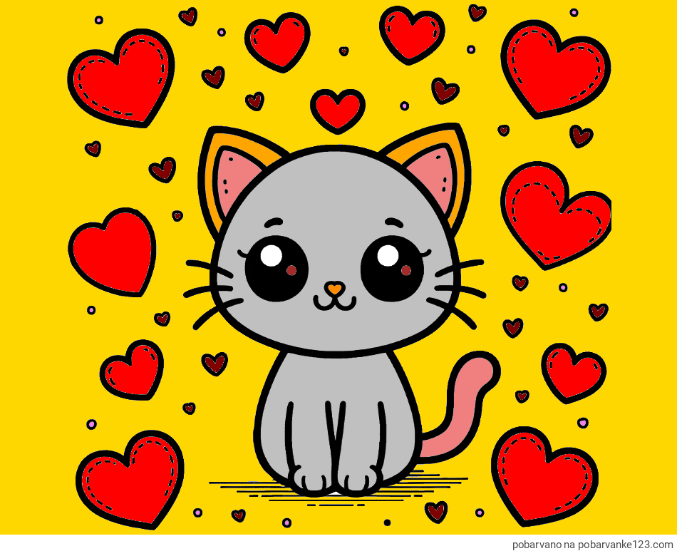 POBARVANA POBARVANKA - Pobarvanka ljubke mucke obdane z veliko srčki