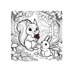 Pobarvana pobarvanka - Pobarvanka veveričke in zajčka v gozdu