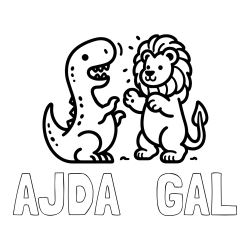 Pobarvanka imena AJDA   GAL in pobarvanka dinozavra, ki napada leva