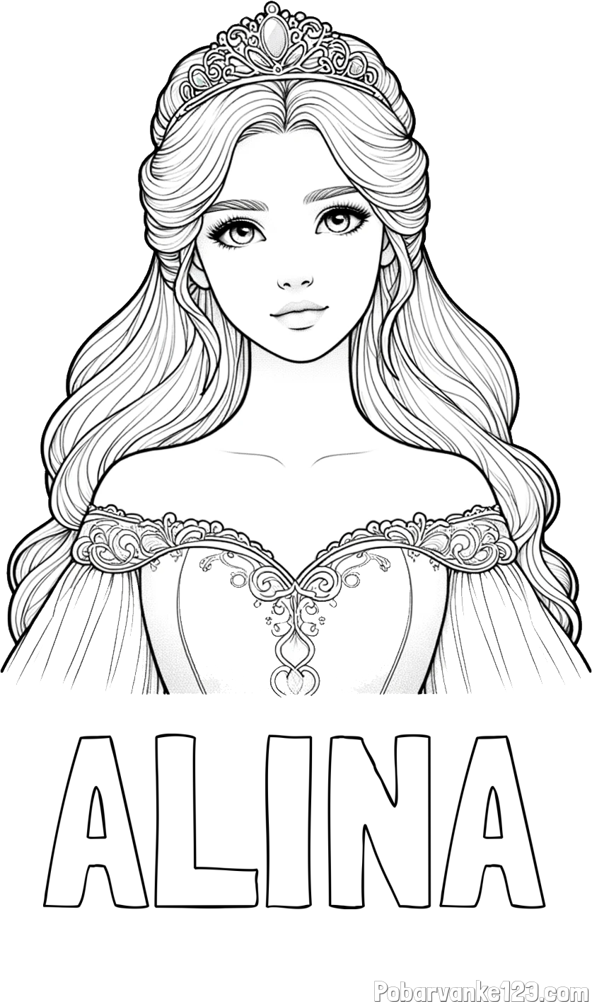 Pobarvanka imena ALINA in pobarvanka realistične princese