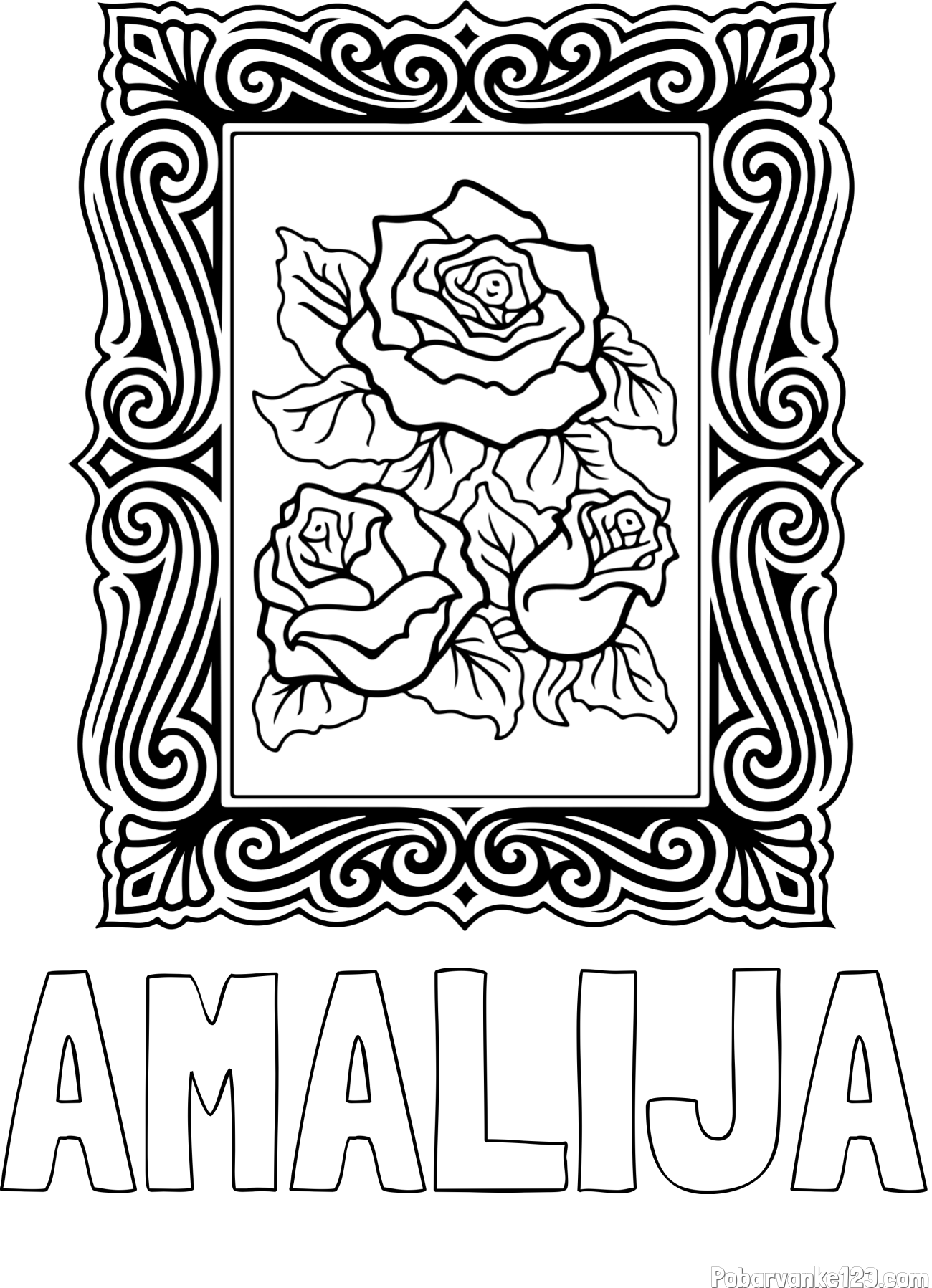 Pobarvanka imena AMALIJA in pobarvanka  uokvirjene slike vrtnic