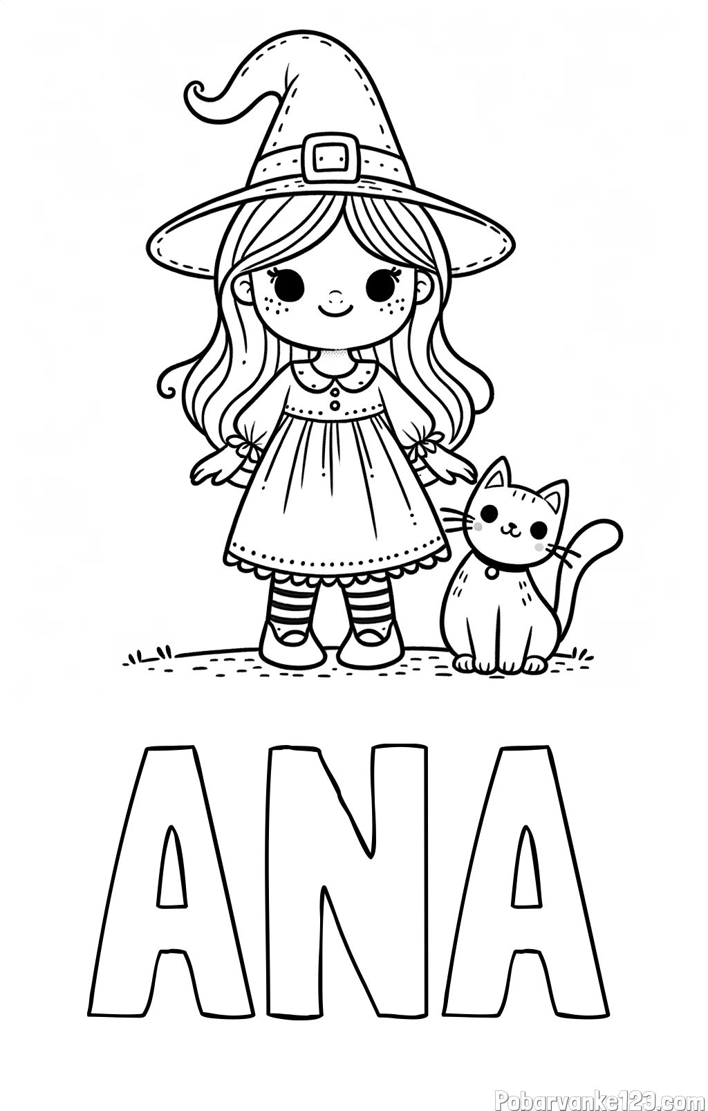 Pobarvanka imena ANA in Čudovita pobarvanka ljubke čarovnice in nasmejane mačke