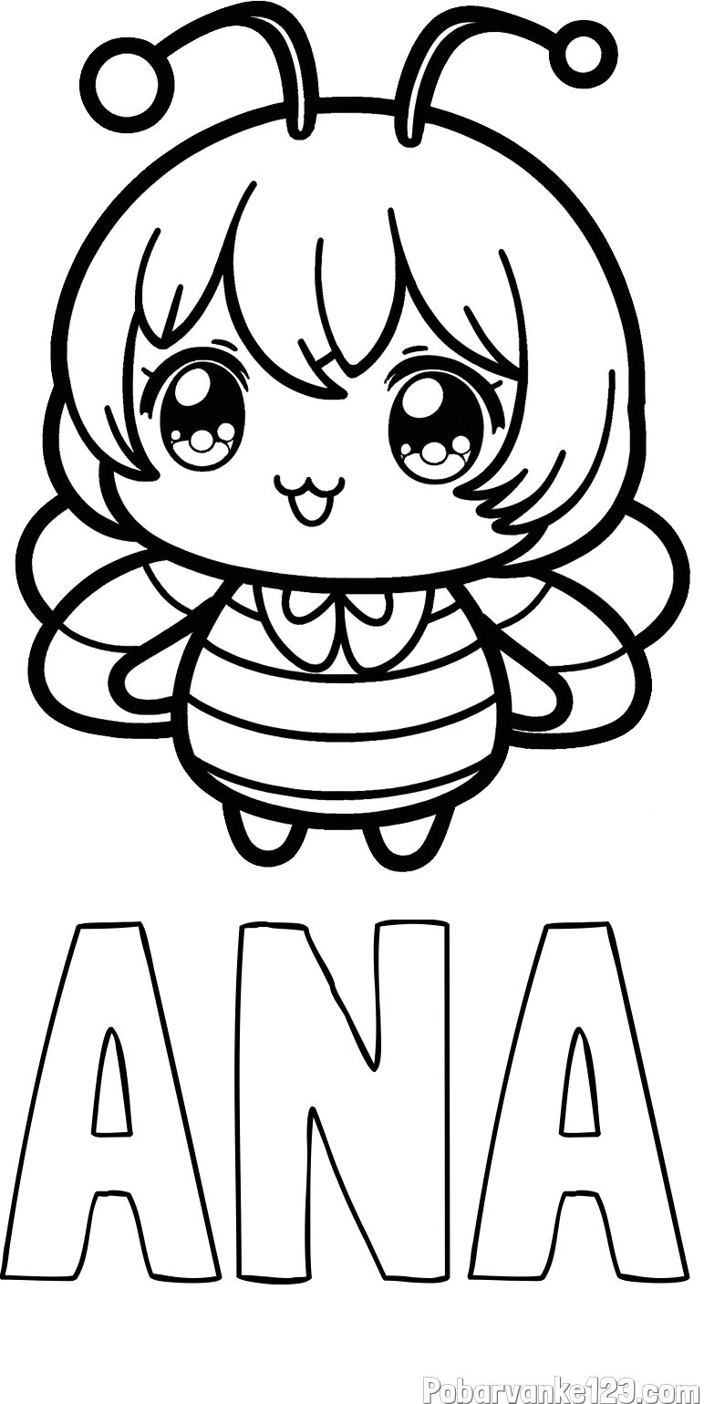 Pobarvanka imena ANA in pobarvanka čebelice v stilu anime