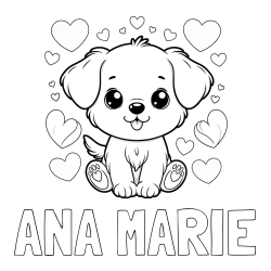 Online izdelana pobarvanka - Pobarvanka imena ANA MARIE in pobarvanka ljubkega kužka obdanega s srčki