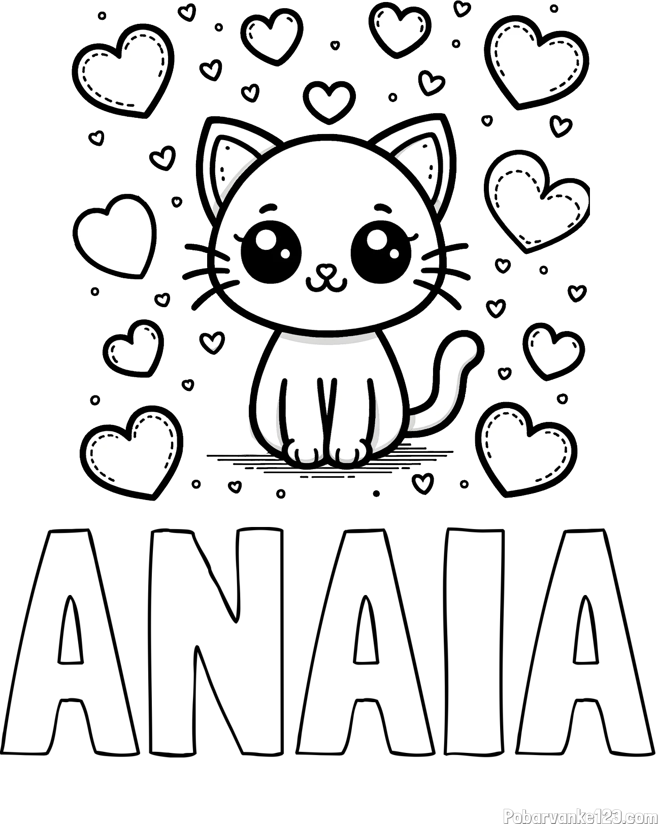 Pobarvanka imena ANAIA in pobarvanka ljubke mucke obdane z veliko srčki