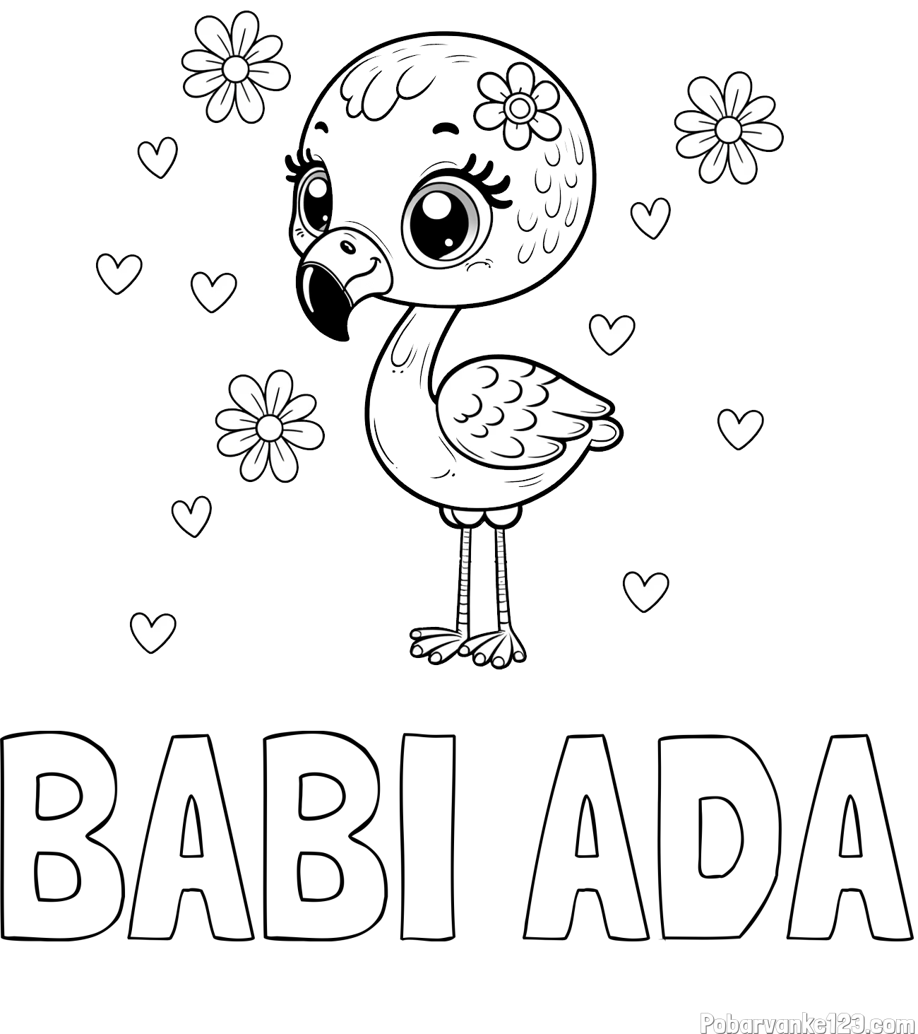Pobarvanka imena BABI ADA in pobarvanka mladička flaminga z rožicami in srčki