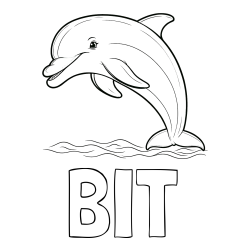Online izdelana pobarvanka - Pobarvanka imena BIT in otroška pobarvanka nasmejanega delfina v skoku