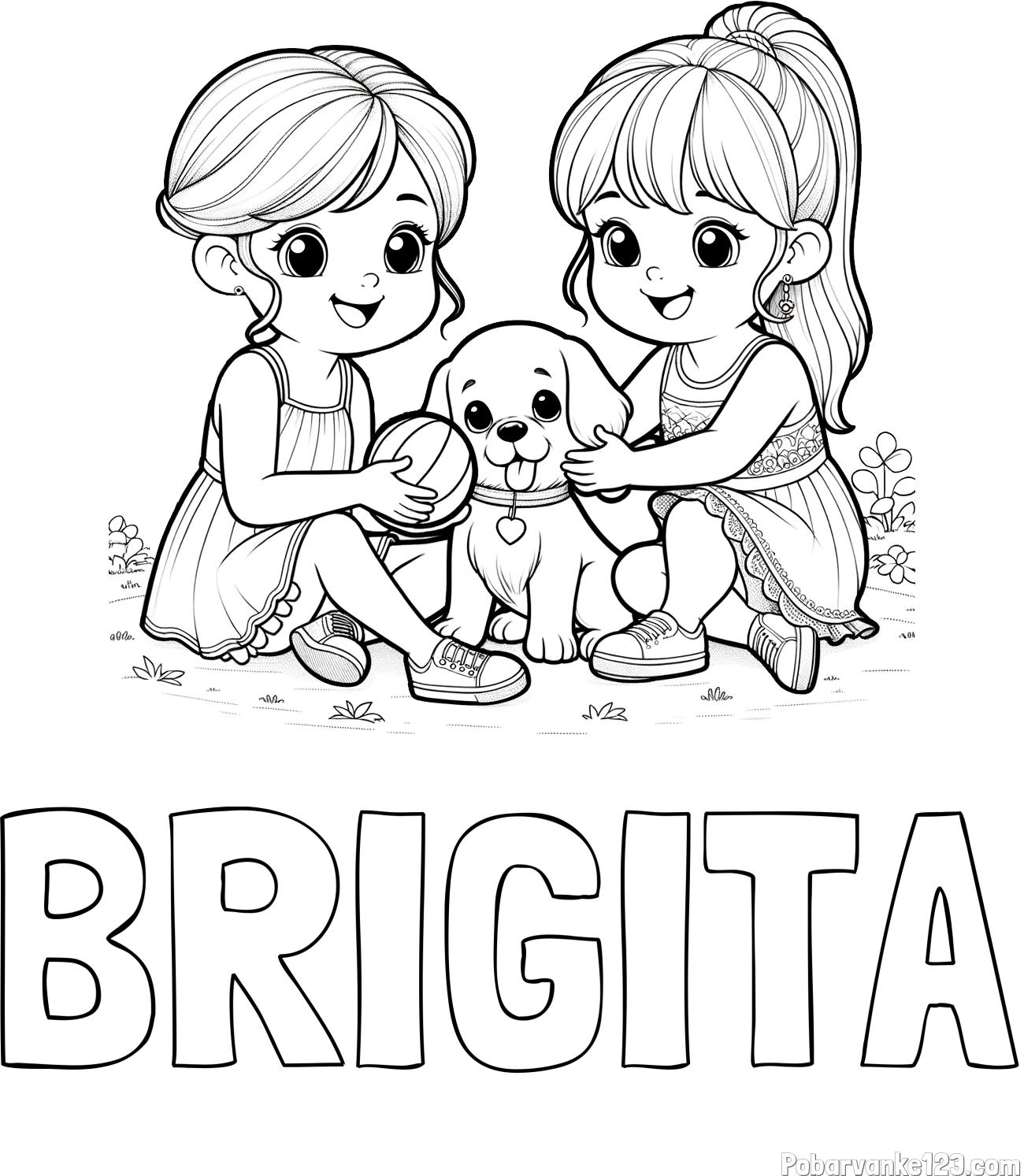 Pobarvanka imena BRIGITA in pobarvanka prijateljic s kužkom