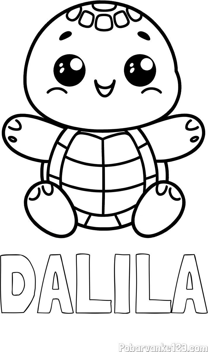Pobarvanka imena DALILA in otroška pobarvanka ljubke in nasmejane želvice