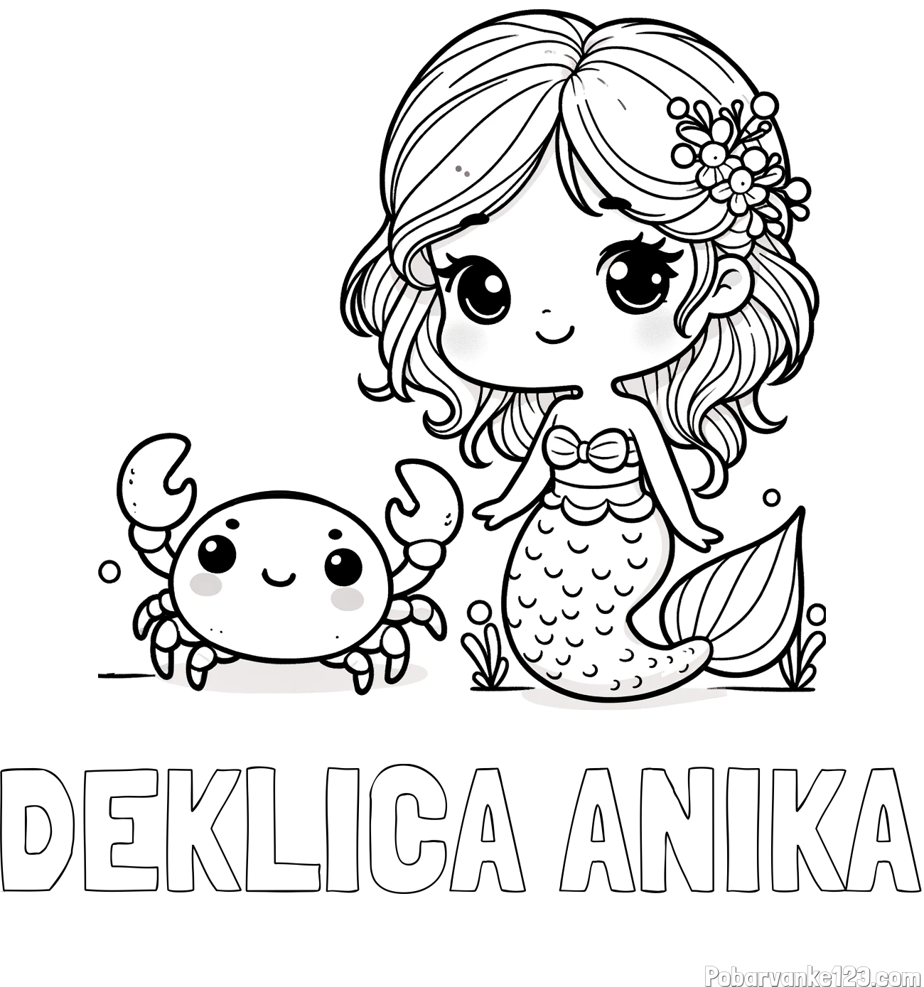 Pobarvanka imena DEKLICA ANIKA in pobarvanka ljubke morske deklice in veselega raka
