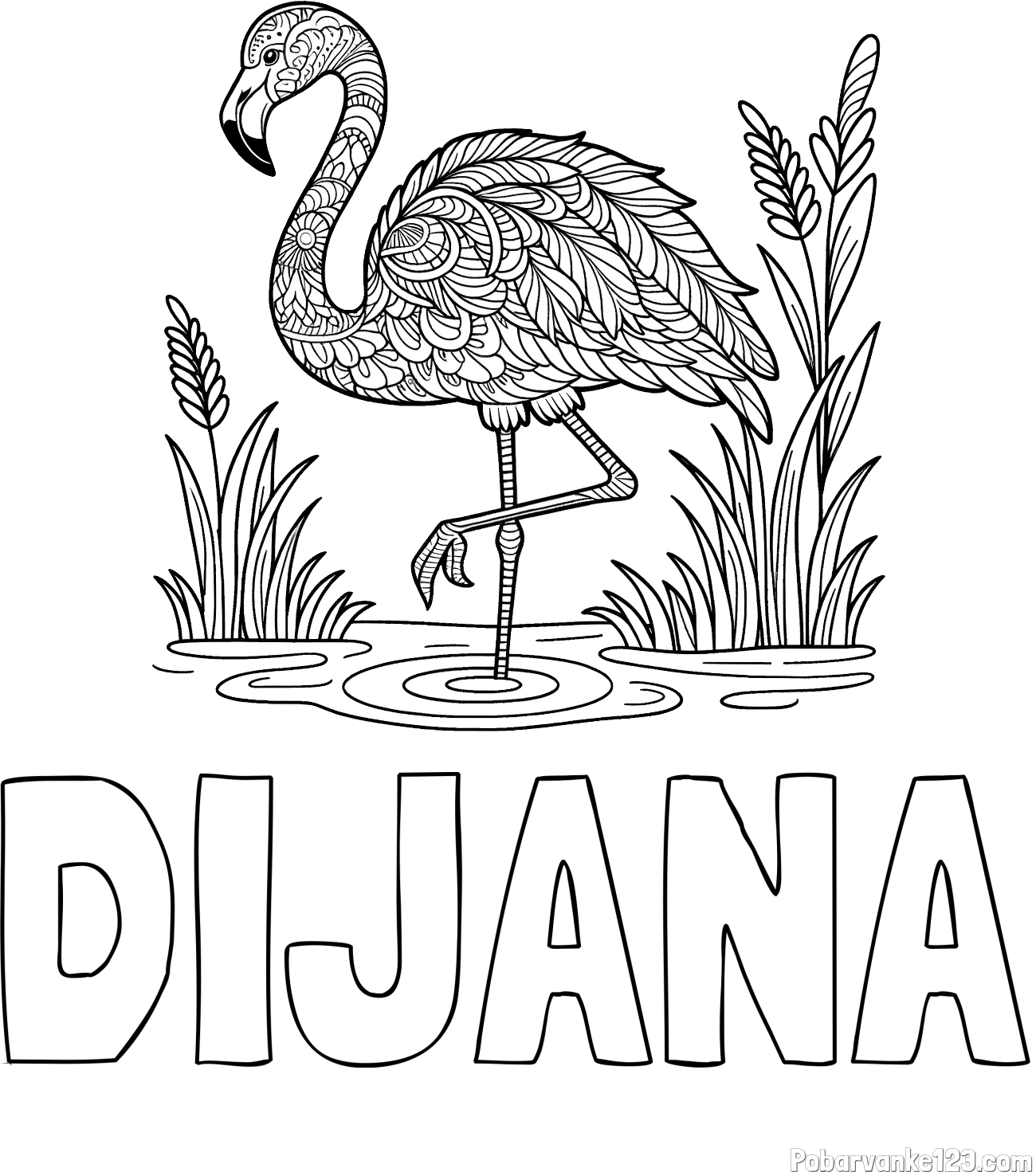 Pobarvanka imena DIJANA in pobarvanka flaminga z abstraktnimi vzorci