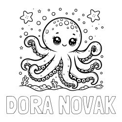 Online izdelana pobarvanka - Pobarvanka imena DORA NOVAK in pobarvanka hobotnice v morju obdane z morskimi zvezdami