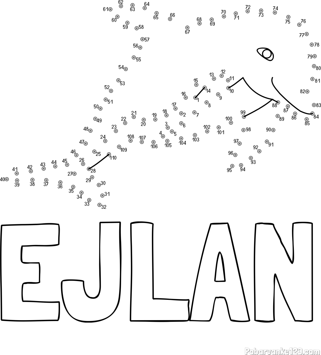 Pobarvanka imena EJLAN in pobarvanka delfina - poveži številke