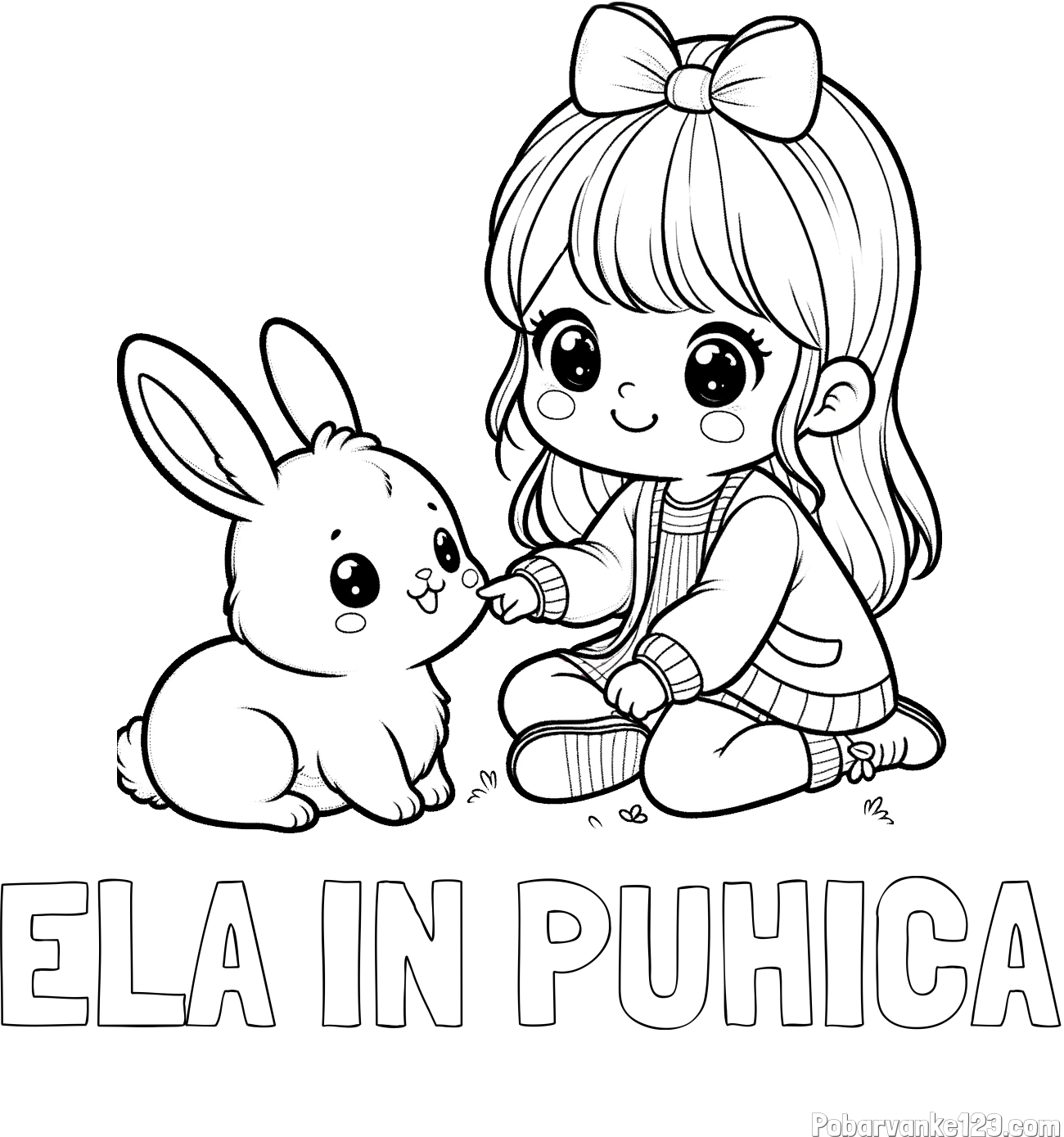 Pobarvanka imena ELA IN PUHICA in pobarvanka ljubke punčke, ki se igra z zajčkom