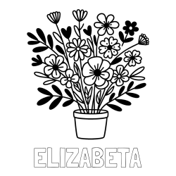 Online izdelana pobarvanka - Pobarvanka imena ELIZABETA in pobarvanka rož v cvetličnem loncu