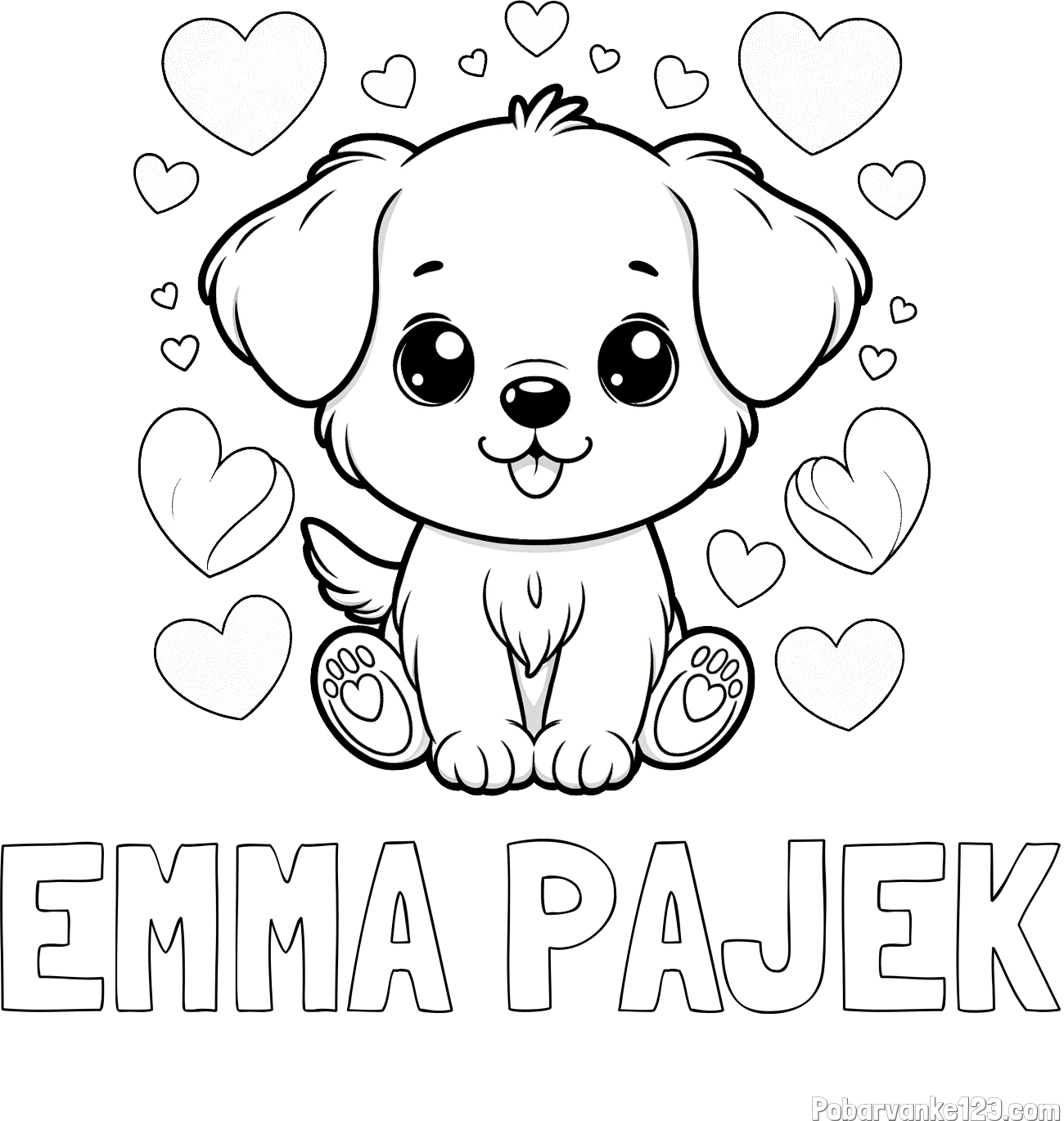 Pobarvanka imena EMMA PAJEK in pobarvanka ljubkega kužka obdanega s srčki