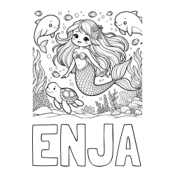 Online izdelana pobarvanka - Pobarvanka imena ENJA in pobarvana ljubke morske deklice s prijatelji