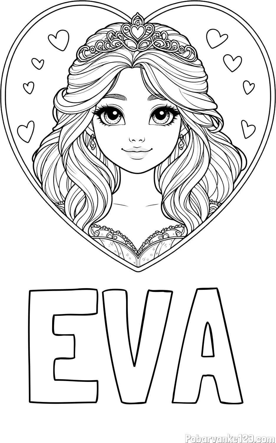Pobarvanka imena EVA in pobarvanka princeske ter srčkov