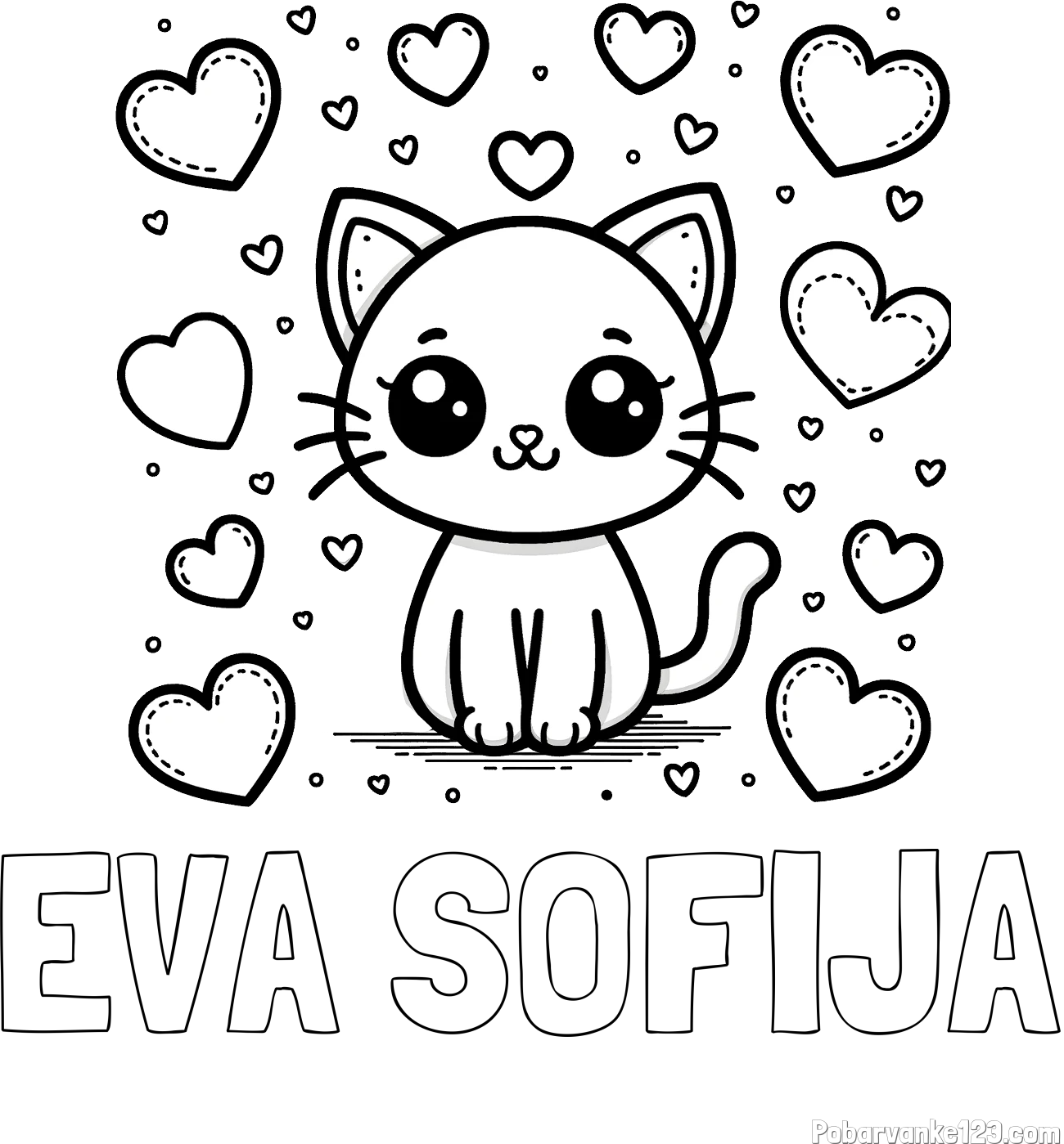 Pobarvanka imena EVA SOFIJA in pobarvanka ljubke mucke obdane z veliko srčki