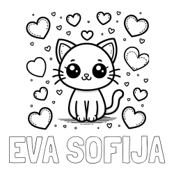 Online izdelana pobarvanka - Pobarvanka imena EVA SOFIJA in pobarvanka ljubke mucke obdane z veliko srčki
