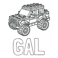 Online izdelana pobarvanka - Pobarvanka imena GAL in pobarvanka džipa sestavljenega iz LEGO kock