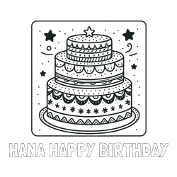 Online izdelana pobarvanka - Pobarvanka imena HANA HAPPY BIRTHDAY in pobarvanka slastne torte