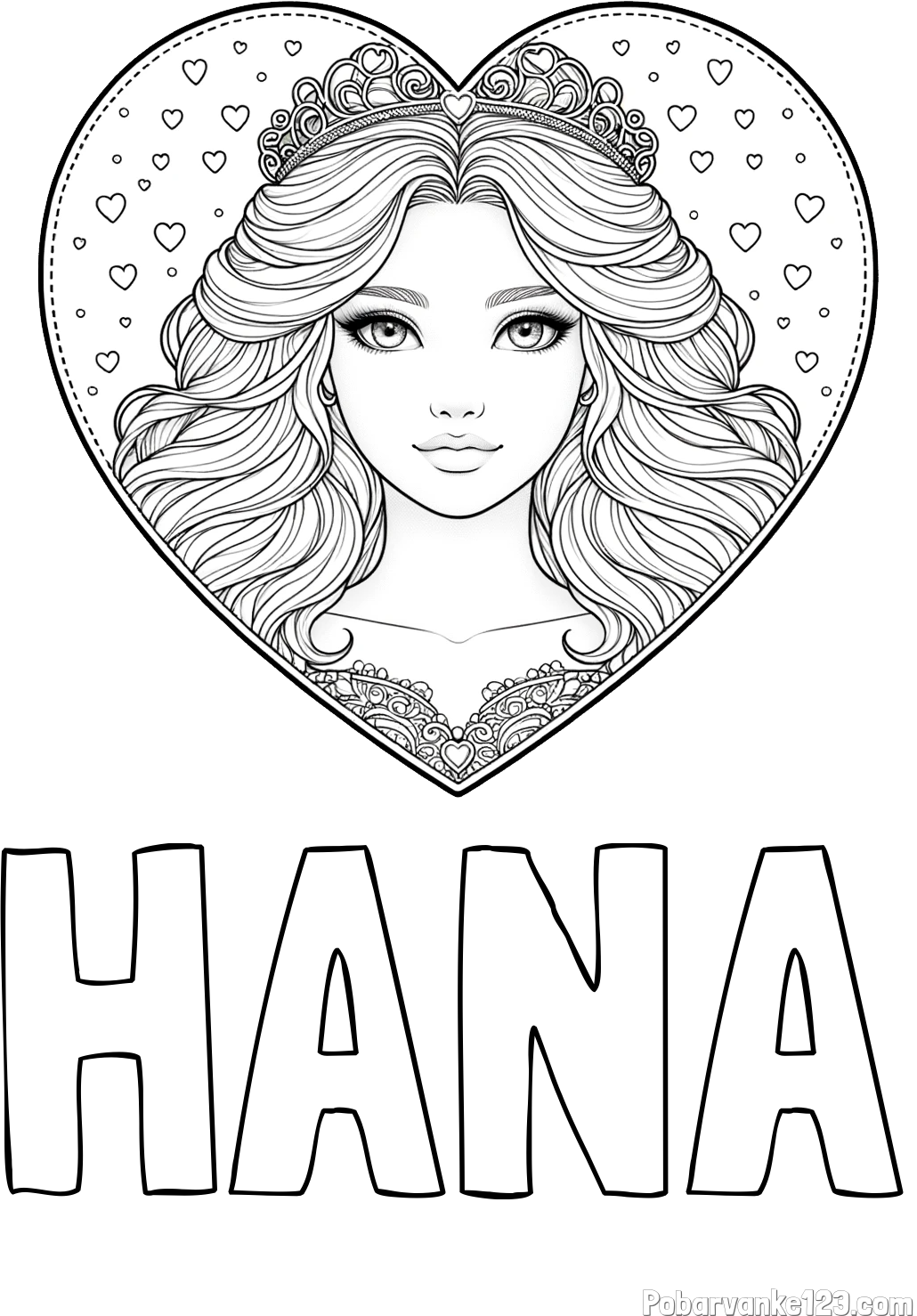 Pobarvanka imena HANA in pobarvanka ljubke princese v srčku