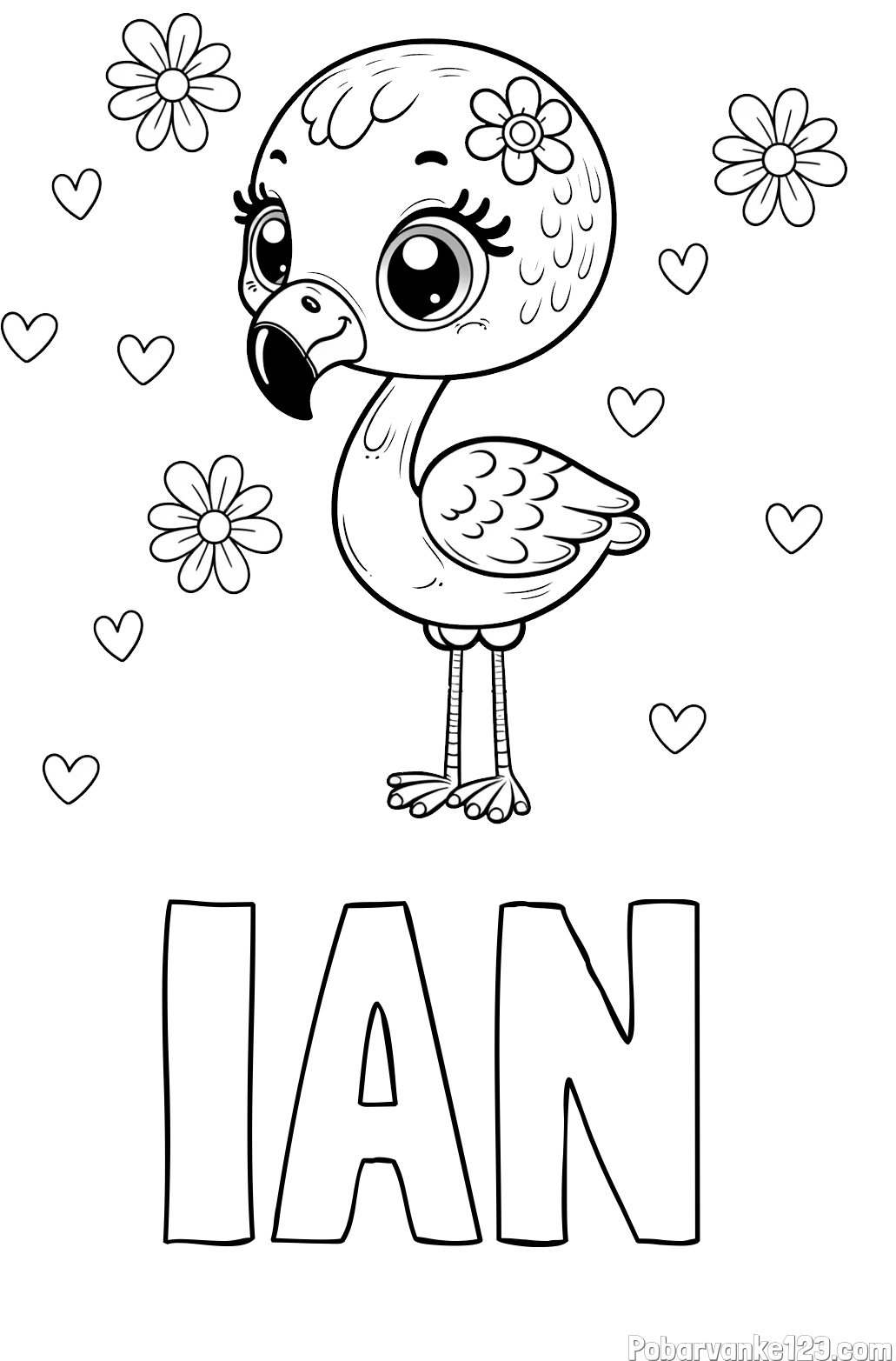 Pobarvanka imena IAN in pobarvanka mladička flaminga z rožicami in srčki