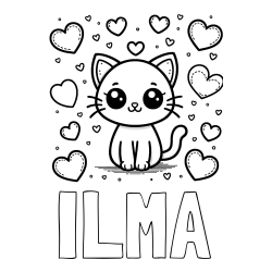 Online izdelana pobarvanka - Pobarvanka imena ILMA in pobarvanka ljubke mucke obdane z veliko srčki