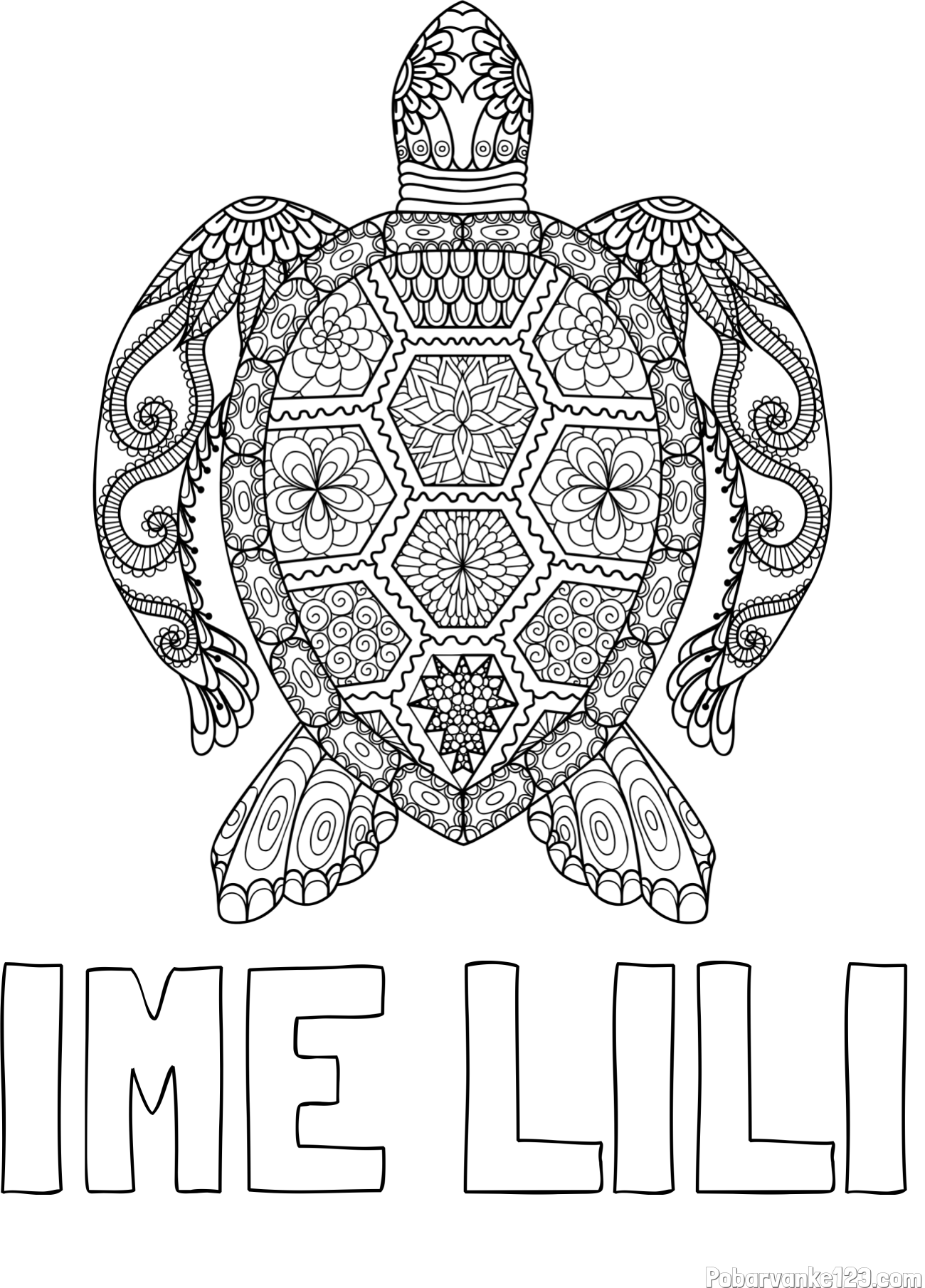 Pobarvanka imena IME LILI in pobarvanka želve - mandale
