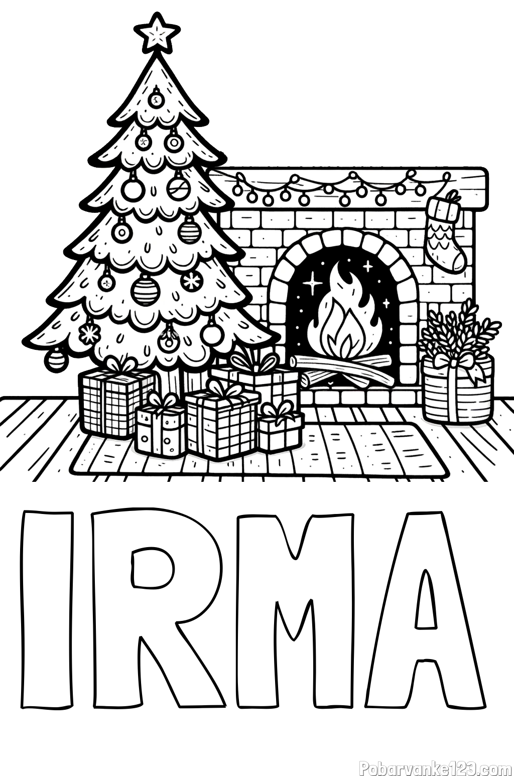 Pobarvanka imena IRMA in pobarvanka božične noči z božično smrečico, darili ter kaminom