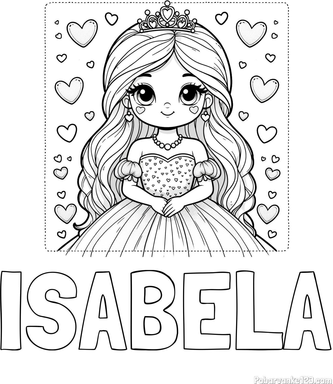 Pobarvanka imena ISABELA in pobarvanka ljubke princese obdane s srčki