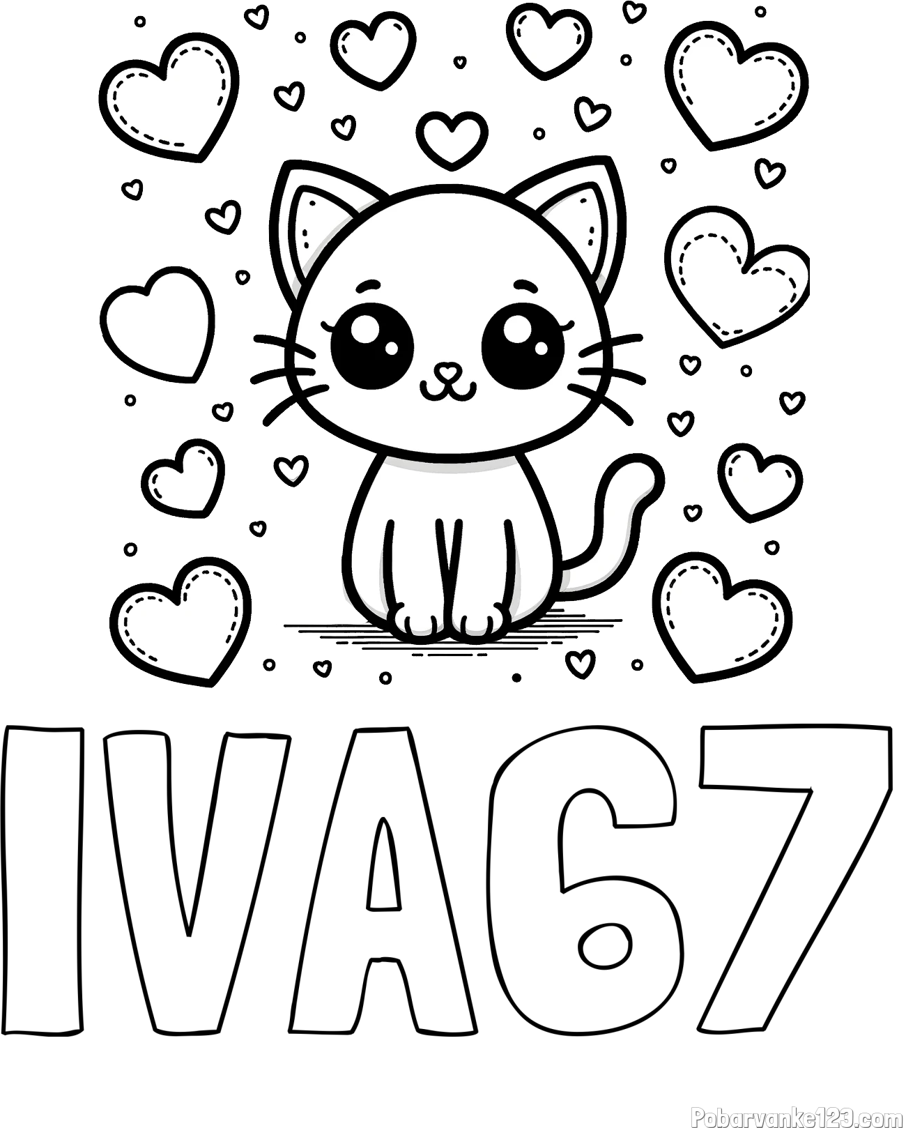 Pobarvanka imena IVA67 in pobarvanka ljubke mucke obdane z veliko srčki