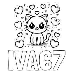 Online izdelana pobarvanka - Pobarvanka imena IVA67 in pobarvanka ljubke mucke obdane z veliko srčki