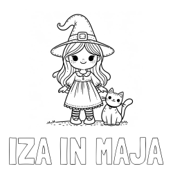 Online izdelana pobarvanka - Pobarvanka imena IZA IN MAJA in Čudovita pobarvanka ljubke čarovnice in nasmejane mačke