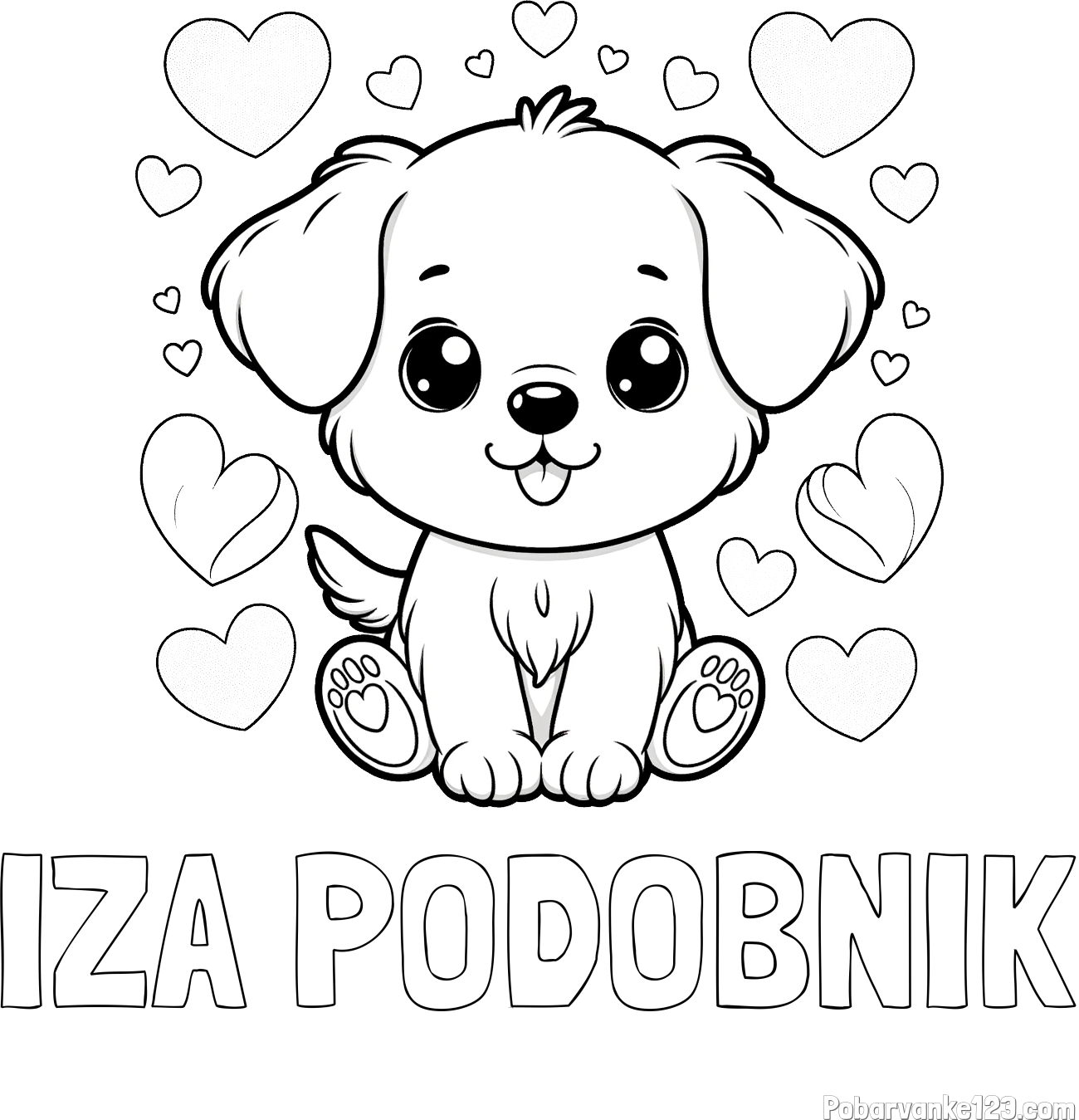 Pobarvanka imena IZA PODOBNIK in pobarvanka ljubkega kužka obdanega s srčki