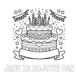 Online izdelana pobarvanka - Pobarvanka imena JANU ZA ROJSTNI DAN in pobarvanka velike torte za rojstni dan