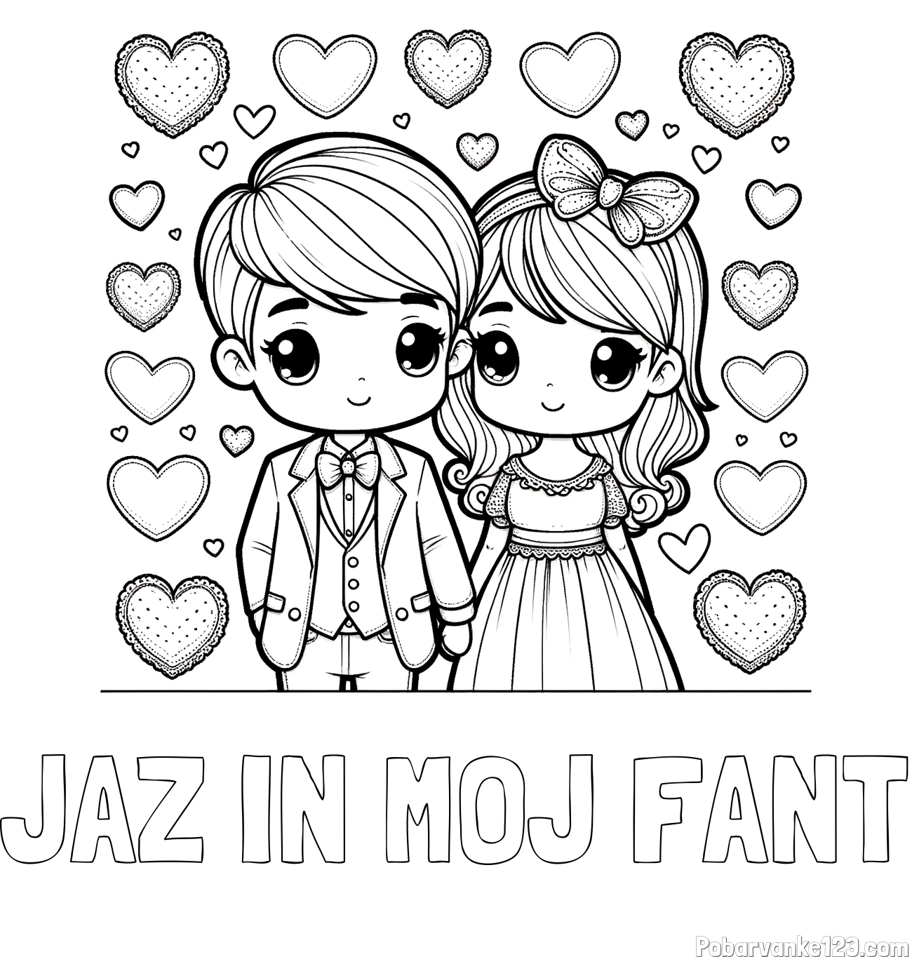 Pobarvanka imena JAZ IN MOJ FANT in pobarvanka dveh zaljubljencev s srčki